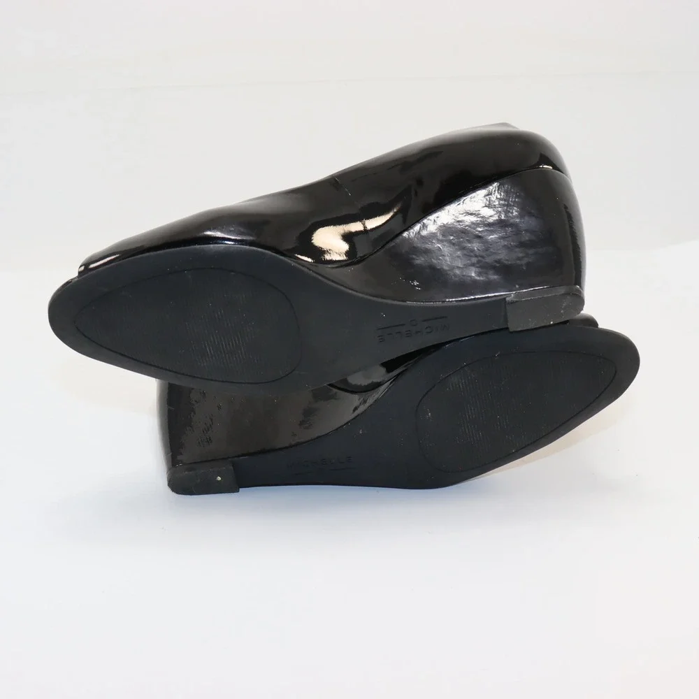 Michelle‎ D Peep Toe Wedge 7.5 Black Womens Leather Patent Classic